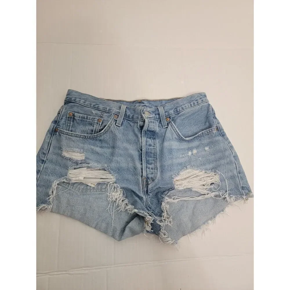 Levis 501 Denim Shorts Womens SZ 31 Cutoff Button Fly Frayed Blue 100% Cotton